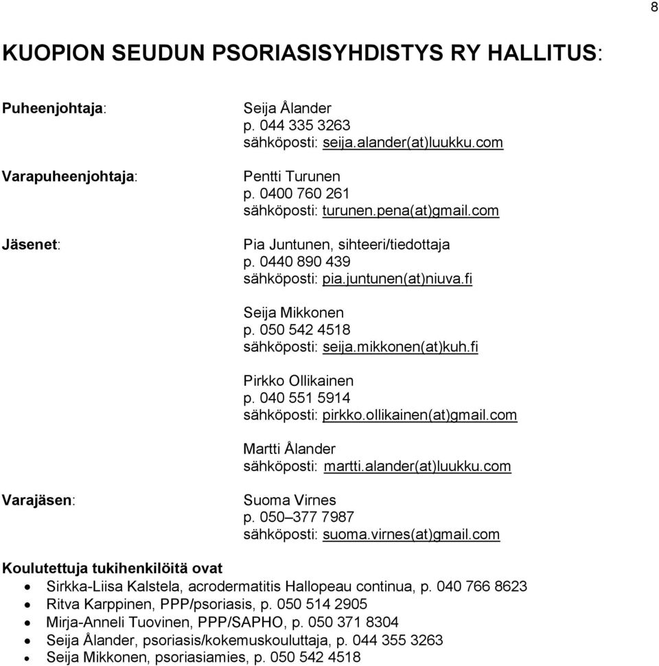 mikkonen(at)kuh.fi Pirkko Ollikainen p. 040 551 5914 sähköposti: pirkko.ollikainen(at)gmail.com Martti Ålander sähköposti: martti.alander(at)luukku.com Varajäsen: Suoma Virnes p.