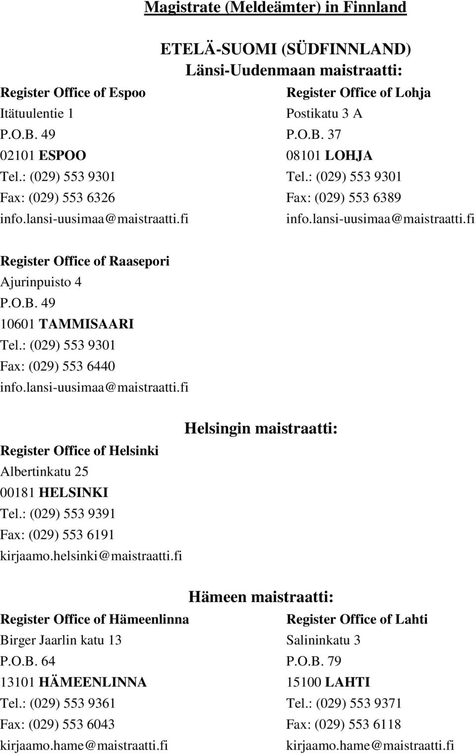 fi Register Office of Raasepori Ajurinpuisto 4 P.O.B. 49 10601 TAMMISAARI Tel.: (029) 553 9301 Fax: (029) 553 6440 info.lansi-uusimaa@maistraatti.