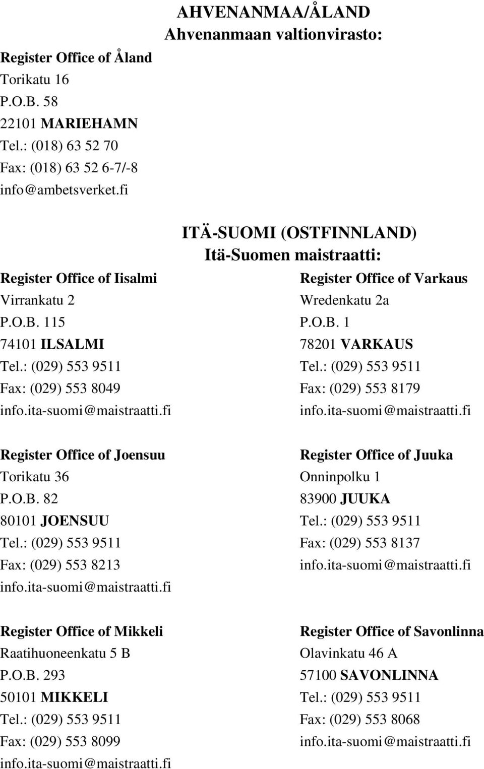 115 74101 ILSALMI Fax: (029) 553 8049 ITÄ-SUOMI (OSTFINNLAND) Itä-Suomen maistraatti: Register Office of Varkaus Wredenkatu 2a P.O.B.