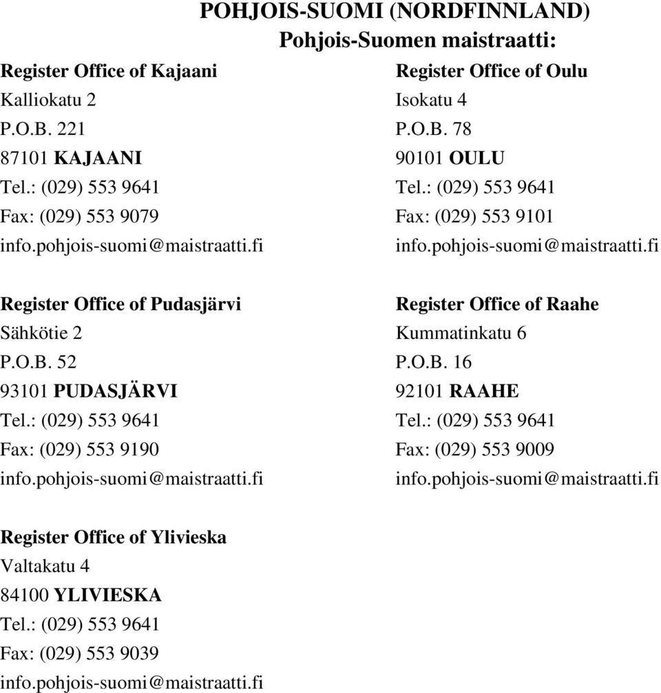 Oulu Isokatu 4 P.O.B. 78 90101 OULU Fax: (029) 553 9101 Register Office of Pudasjärvi Sähkötie 2 P.O.B. 52 93101 PUDASJÄRVI Fax: (029) 553 9190 Register Office of Raahe Kummatinkatu 6 P.