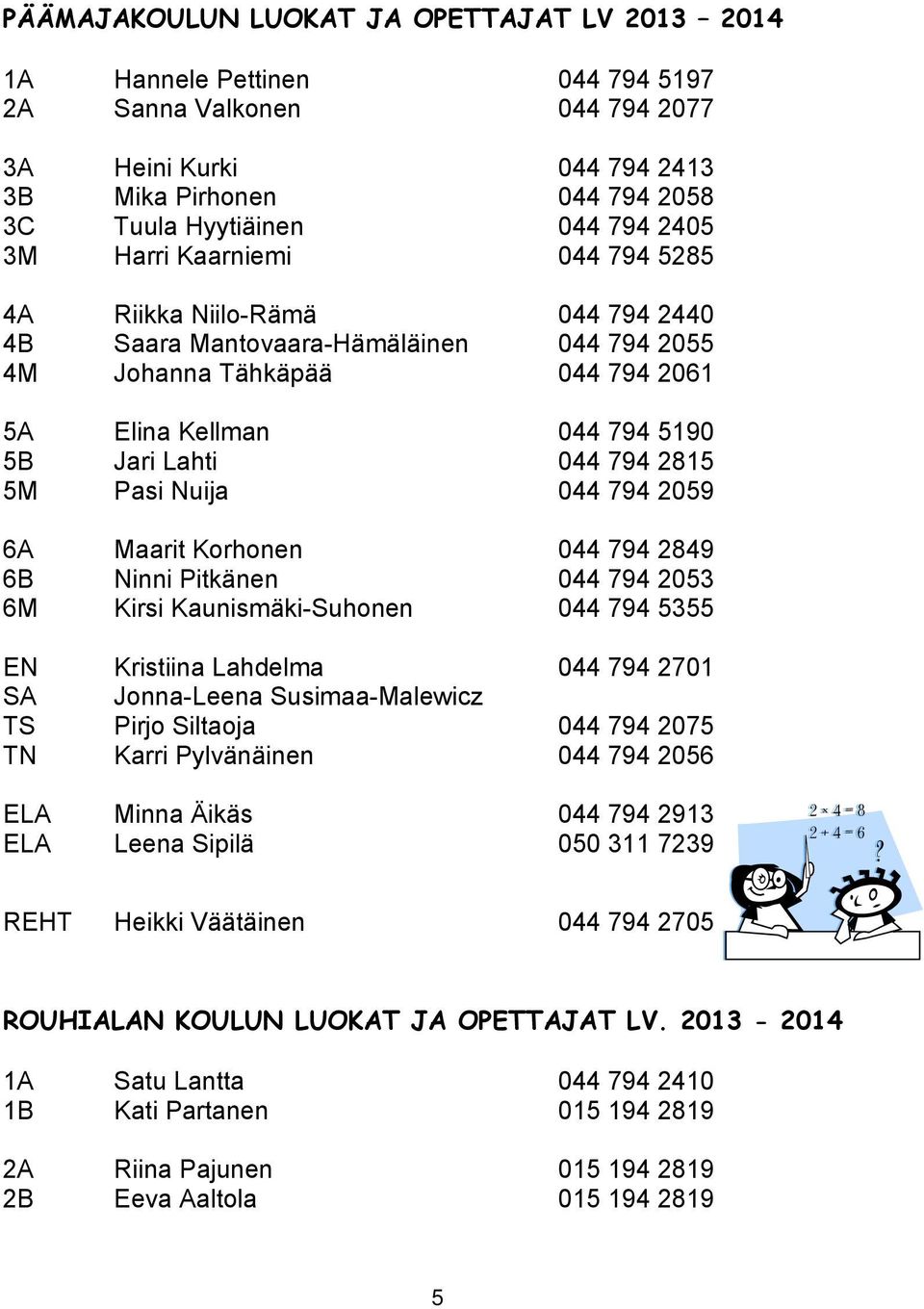 2815 5M Pasi Nuija 044 794 2059 6A Maarit Korhonen 044 794 2849 6B Ninni Pitkänen 044 794 2053 6M Kirsi Kaunismäki-Suhonen 044 794 5355 EN Kristiina Lahdelma 044 794 2701 SA Jonna-Leena