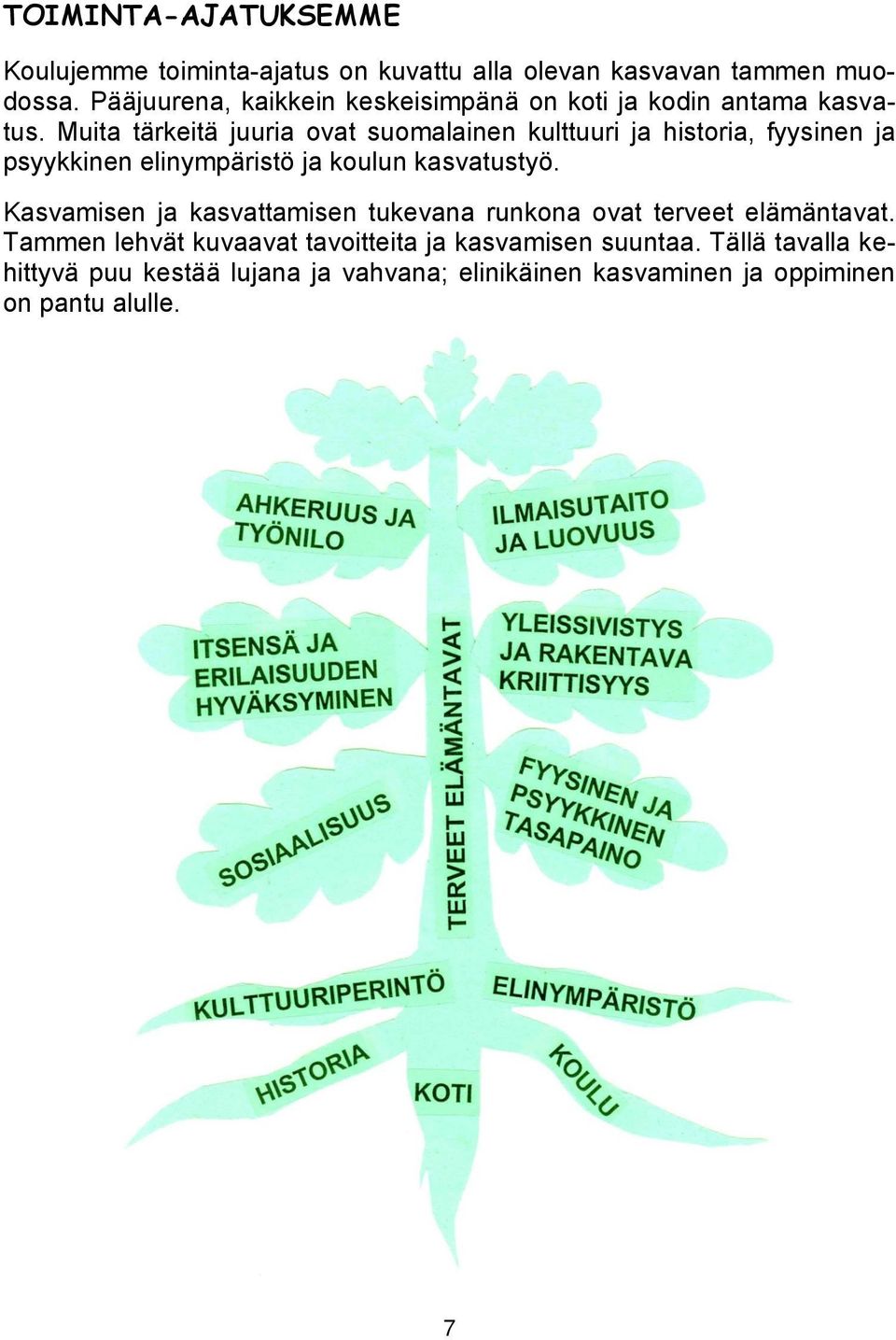 Muita tärkeitä juuria ovat suomalainen kulttuuri ja historia, fyysinen ja psyykkinen elinympäristö ja koulun kasvatustyö.
