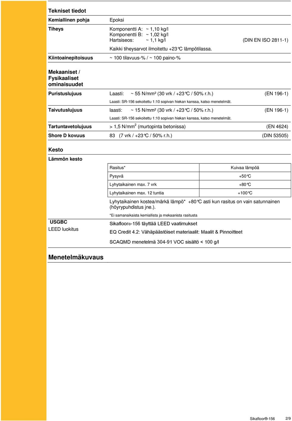 ) (EN 196-1) Laasti: SR-156 sekoitettu 1:10 sopivan hiekan kanssa, katso menetelmät. Taivutuslujuus laasti: ~ 15 N/mm² (30 vrk / +23 C / 50% r.h.) (EN 196-1) Laasti: SR-156 sekoitettu 1:10 sopivan hiekan kanssa, katso menetelmät. Tartuntavetolujuus > 1,5 N/mm 2 (murtopinta betonissa) (EN 4624) Shore D kovuus 83 (7 vrk / +23 C / 50% r.