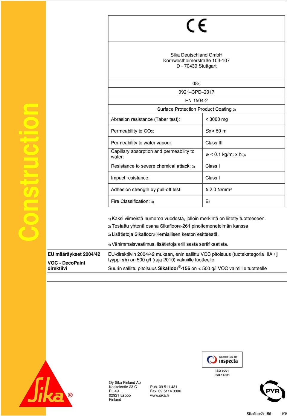 Coating 2) < 3000 mg SD > 50 m Class III w < 0.1 kg/m2 x h0,5 Class I Class I 2.0 N/mm² 1) Kaksi viimeistä numeroa vuodesta, jolloin merkintä on liitetty tuotteeseen.