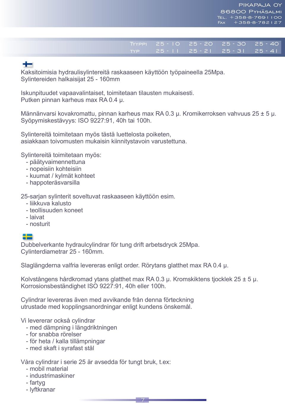 Kromikerroksen vahvuus 25 ± 5 μ. Syöpymiskestävyys: ISO 9227:91, 40h tai 100h. Sylintereitä toimitetaan myös tästä luettelosta poiketen, asiakkaan toivomusten mukaisin kiinnitystavoin varustettuna.