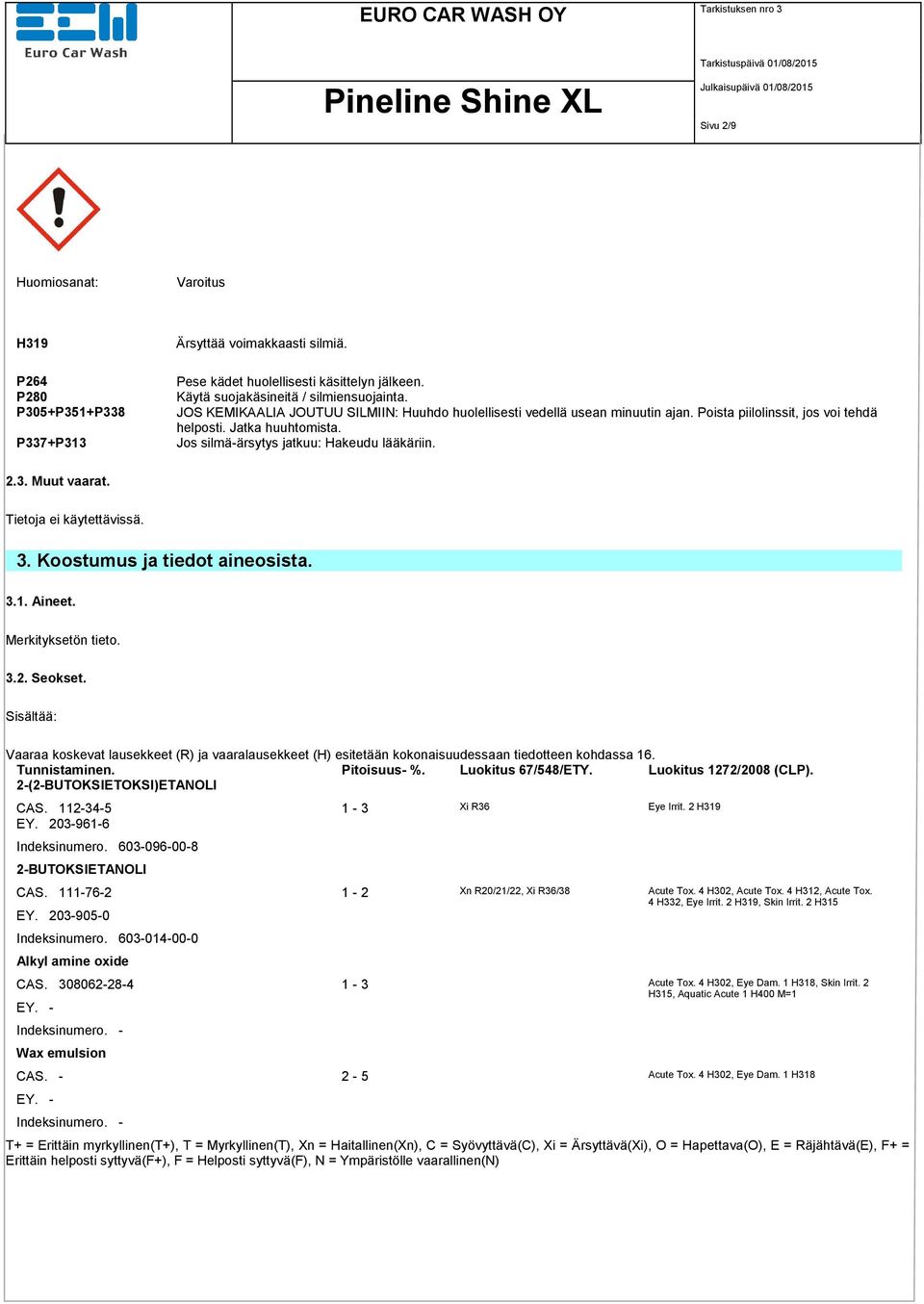 Muut vaarat. 3. Koostumus ja tiedot aineosista. 3.1. Aineet. Merkityksetön tieto. 3.2. Seokset.