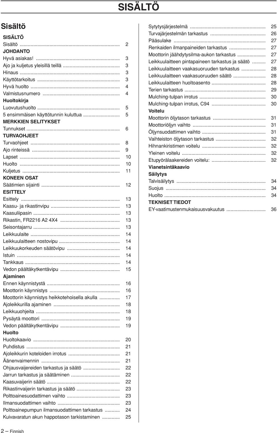 .. 12 ESITTELY Esittely... 13 Kaasu- ja rikastinvipu... 13 Kaasuliipasin... 13 Rikastin, FR2216 A2 4X4... 13 Seisontajarru... 13 Leikkuulaite... 14 Leikkuulaitteen nostovipu.