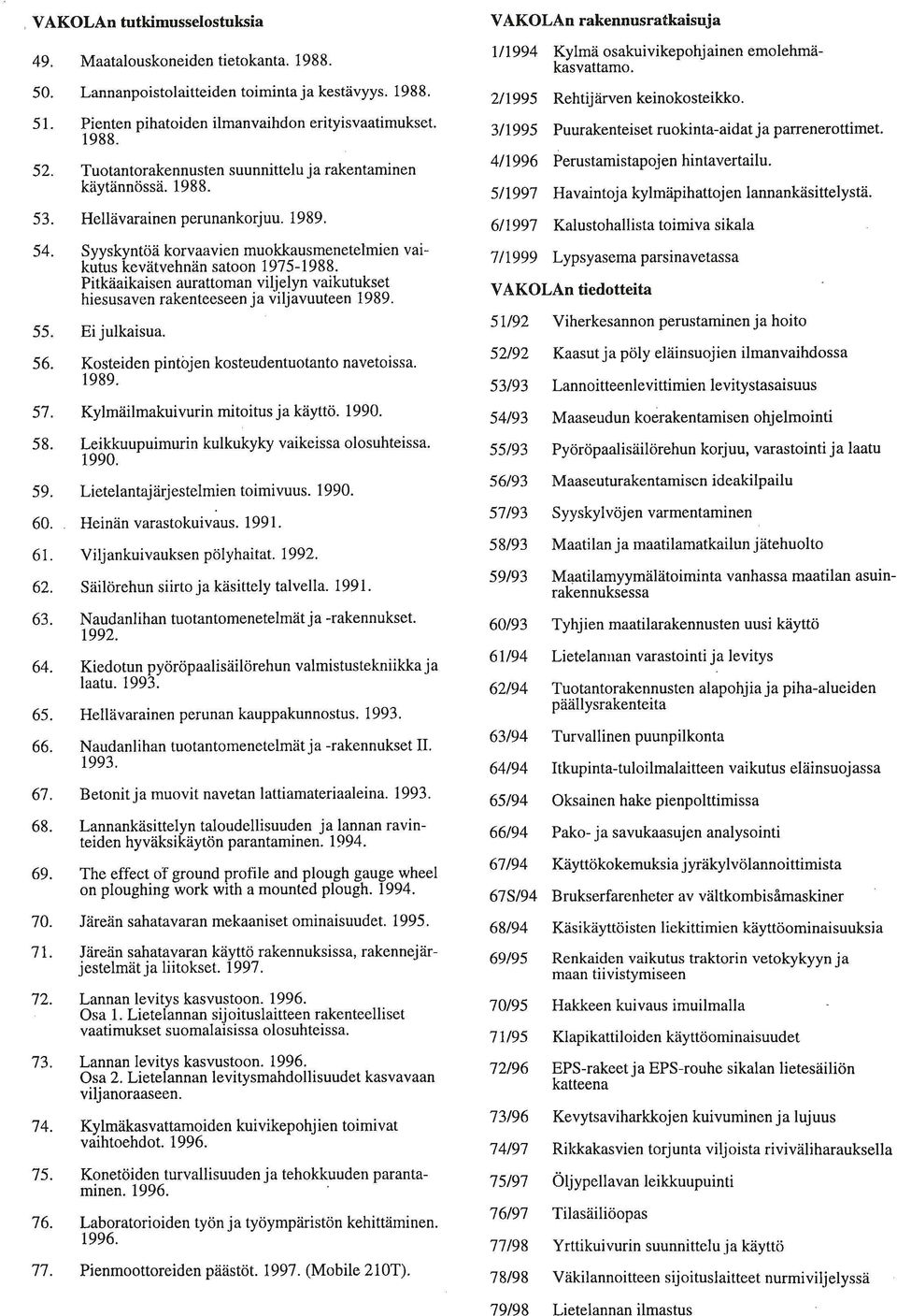 Pitkäaikaisen aurattoman viljelyn vaikutukset hiesusaven rakenteeseen ja viljavuuteen 989. 55. Ei julkaisua. 56. Kosteiden pintojen kosteudentuotanto navetoissa. 989. 57.