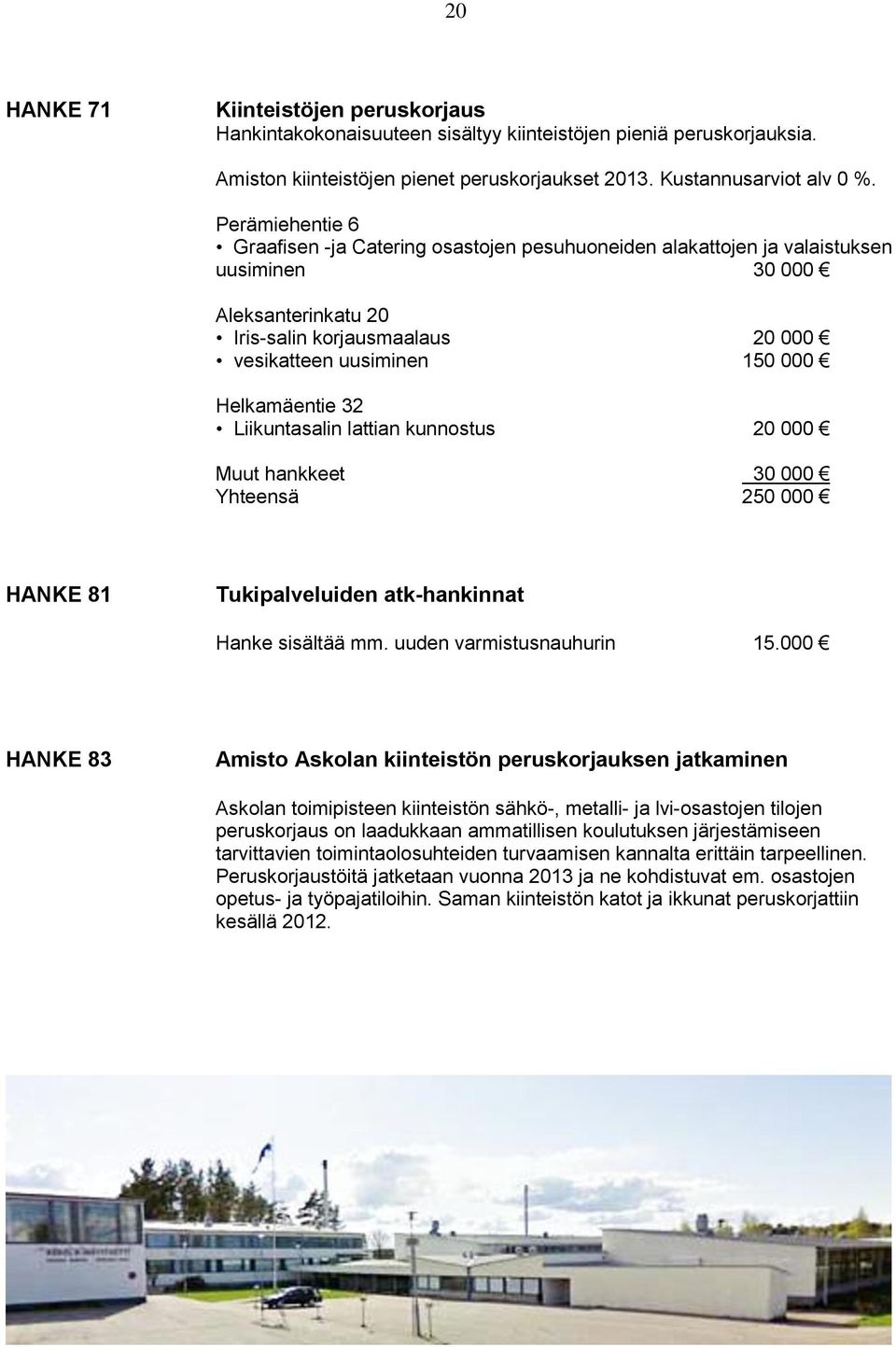 Helkamäentie 32 Liikuntasalin lattian kunnostus 20 000 Muut hankkeet 30 000 Yhteensä 250 000 HANKE 81 Tukipalveluiden atk-hankinnat Hanke sisältää mm. uuden varmistusnauhurin 15.