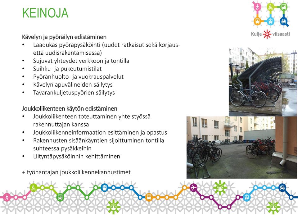 Joukkoliikenteen käytön edistäminen Joukkoliikenteen toteuttaminen yhteistyössä rakennuttajan kanssa Joukkoliikenneinformaation esittäminen ja