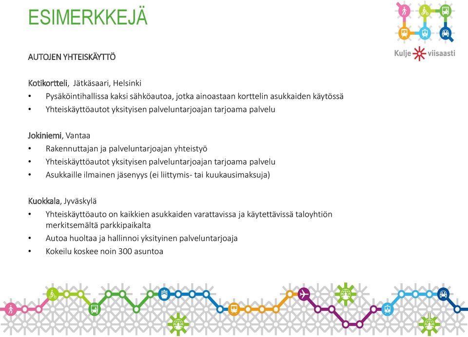 palveluntarjoajan tarjoama palvelu Asukkaille ilmainen jäsenyys (ei liittymis- tai kuukausimaksuja) Kuokkala, Jyväskylä Yhteiskäyttöauto on kaikkien