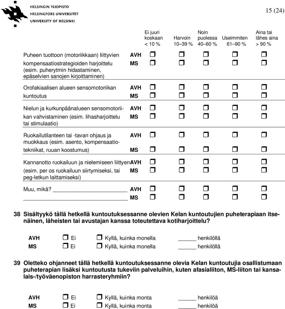 lihasharjoittelu tai stimulaatio) Ruokailutilanteen tai -tavan ohjaus ja AVH muokkaus (esim. asento, kompensaatiotekniikat, ruuan koostumus) Kannanotto ruokailuun ja nielemiseen liittyenavh (esim.