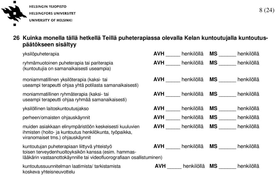 samanaikaisesti) moniammatillinen ryhmäterapia (kaksi- tai AVH henkilöllä MS henkilöllä useampi terapeutti ohjaa ryhmää samanaikaisesti) yksilöllinen laitoskuntoutusjakso AVH henkilöllä MS henkilöllä