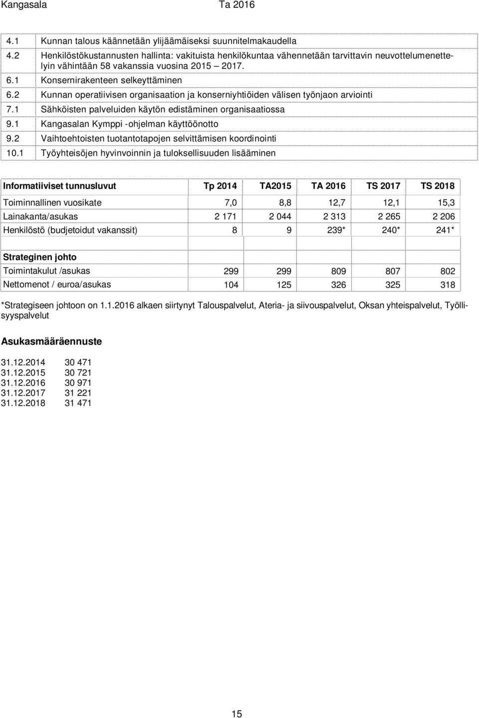 2 Kunnan operatiivisen organisaation ja konserniyhtiöiden välisen työnjaon arviointi 7.1 Sähköisten palveluiden käytön edistäminen organisaatiossa 9.1 Kangasalan Kymppi -ohjelman käyttöönotto 9.