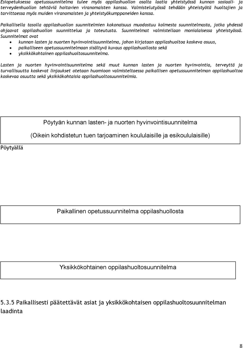 Paikallisella tasolla oppilashuollon suunnitelmien kokonaisuus muodostuu kolmesta suunnitelmasta, jotka yhdessä ohjaavat oppilashuollon suunnittelua ja toteutusta.