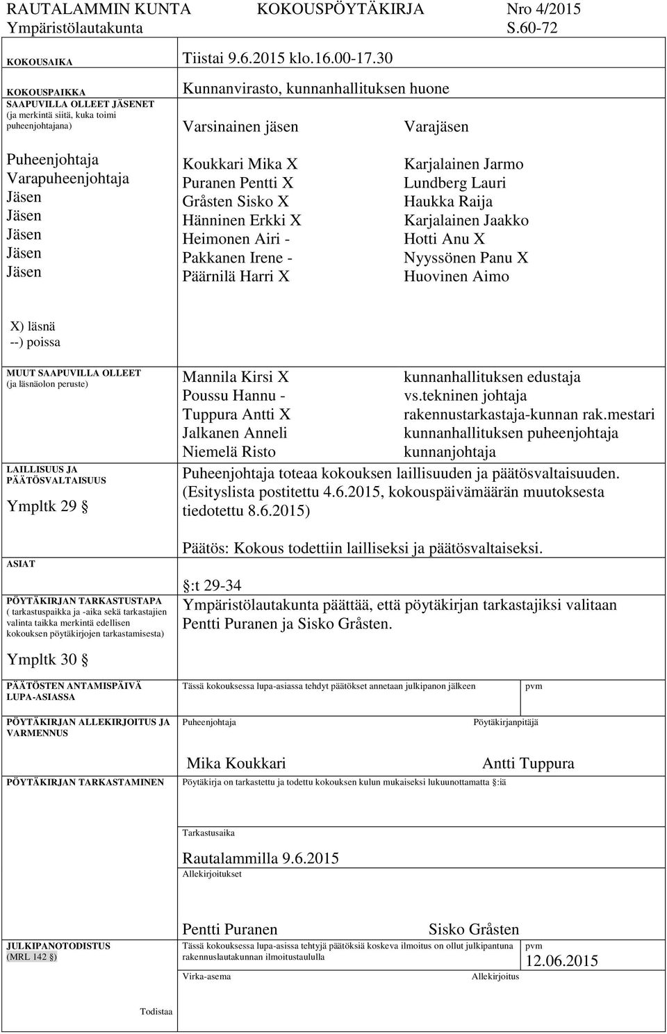 30 Kunnanvirasto, kunnanhallituksen huone Varsinainen jäsen Varajäsen Puheenjohtaja Varapuheenjohtaja Jäsen Jäsen Jäsen Jäsen Jäsen Koukkari Mika X Puranen Pentti X Gråsten Sisko X Hänninen Erkki X