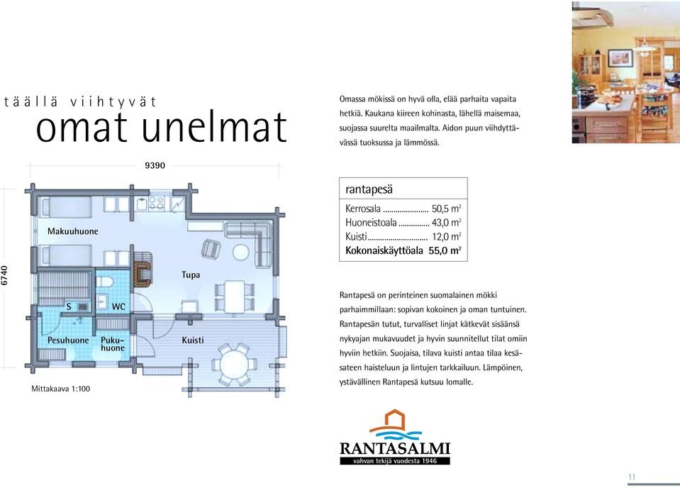 .. 12,0 m 2 Kokonaiskäyttöala 55,0 m 2 6740 Tupa S WC Rantapesä on perinteinen suomalainen mökki parhaimmillaan: sopivan kokoinen ja oman tuntuinen.