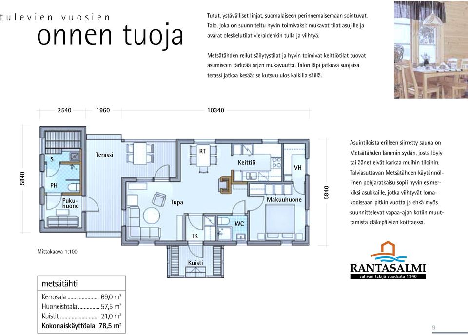 Metsätähden reilut säilytystilat ja hyvin toimivat keittiötilat tuovat asumiseen tärkeää arjen mukavuutta. Talon läpi jatkuva suojaisa terassi jatkaa kesää: se kutsuu ulos kaikilla säillä.