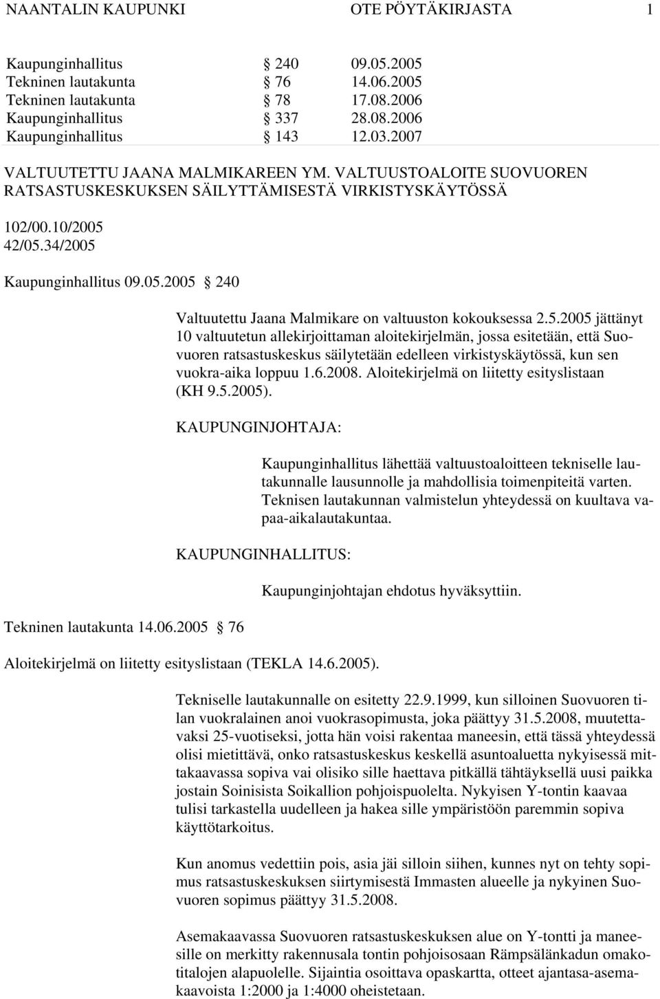 06.2005 76 Valtuutettu Jaana Malmikare on valtuuston kokouksessa 2.5.2005 jättänyt 10 valtuutetun allekirjoittaman aloitekirjelmän, jossa esitetään, että Suovuoren ratsastuskeskus säilytetään edelleen virkistyskäytössä, kun sen vuokra-aika loppuu 1.