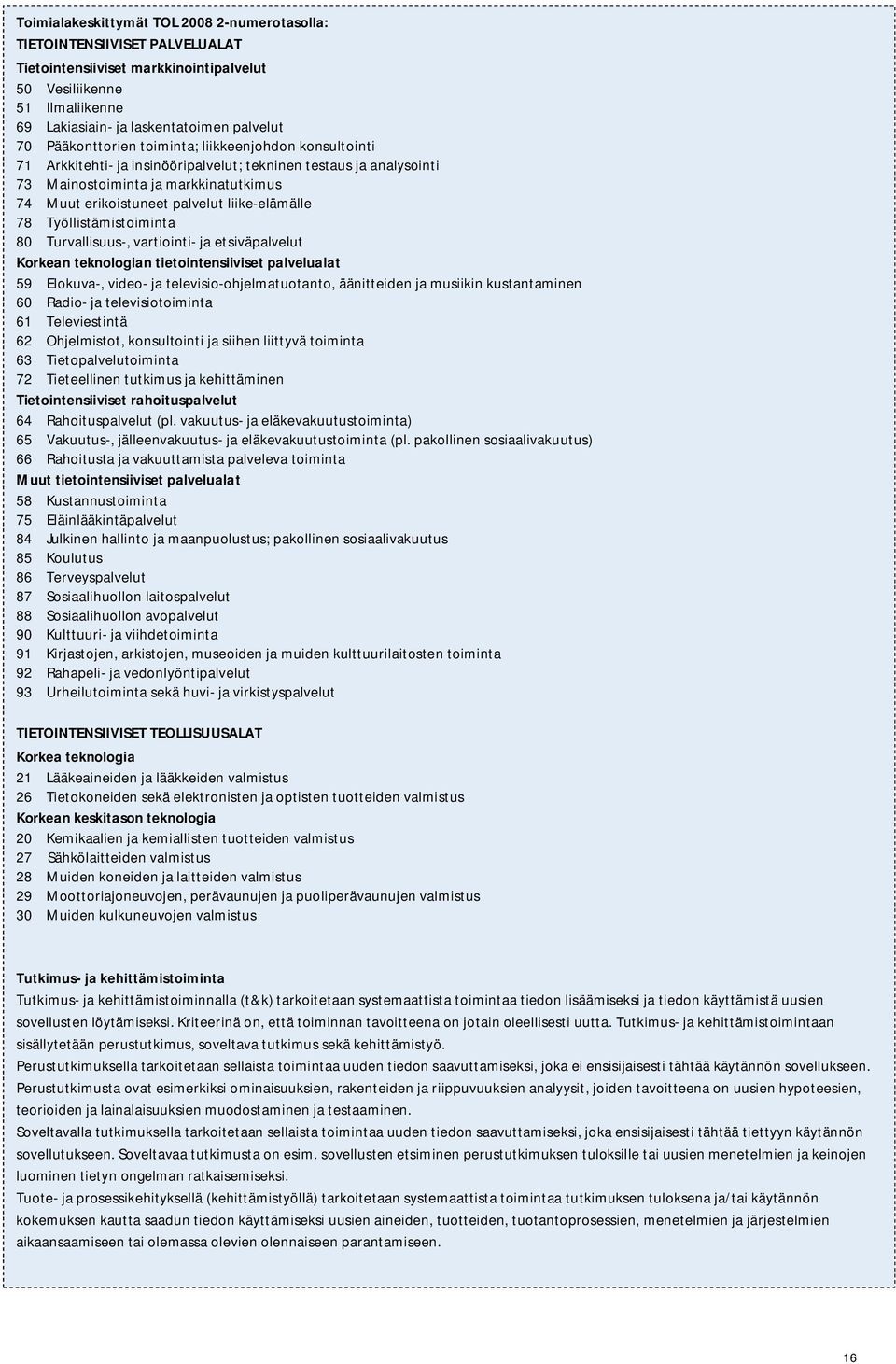 liike-elämälle 78 Työllistämistoiminta 8 Turvallisuus-, vartiointi- ja etsiväpalvelut Korkean teknologian tietointensiiviset palvelualat 59 Elokuva-, video- ja televisio-ohjelmatuotanto, äänitteiden