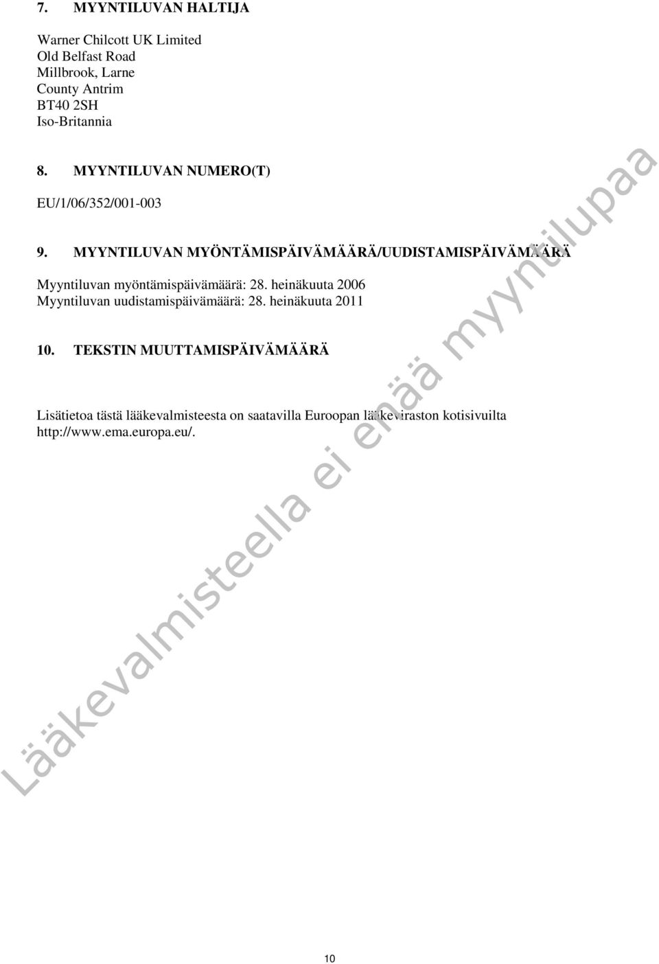 MYYNTILUVAN MYÖNTÄMISPÄIVÄMÄÄRÄ/UUDISTAMISPÄIVÄMÄÄRÄ Myyntiluvan myöntämispäivämäärä: 28.