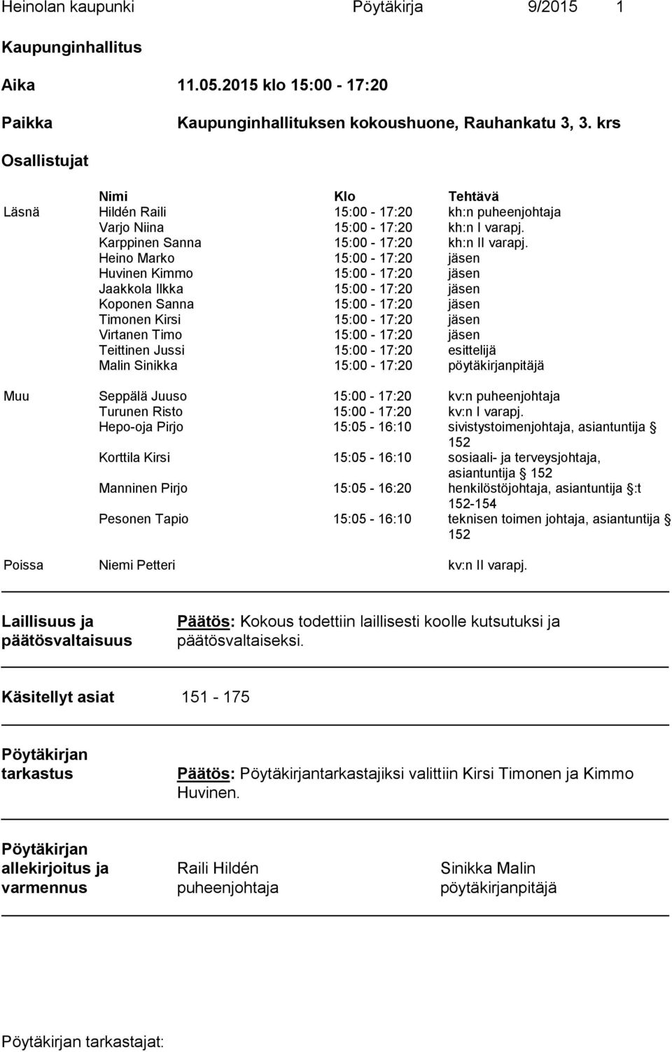 Heino Marko 15:00-17:20 jäsen Huvinen Kimmo 15:00-17:20 jäsen Jaakkola Ilkka 15:00-17:20 jäsen Koponen Sanna 15:00-17:20 jäsen Timonen Kirsi 15:00-17:20 jäsen Virtanen Timo 15:00-17:20 jäsen