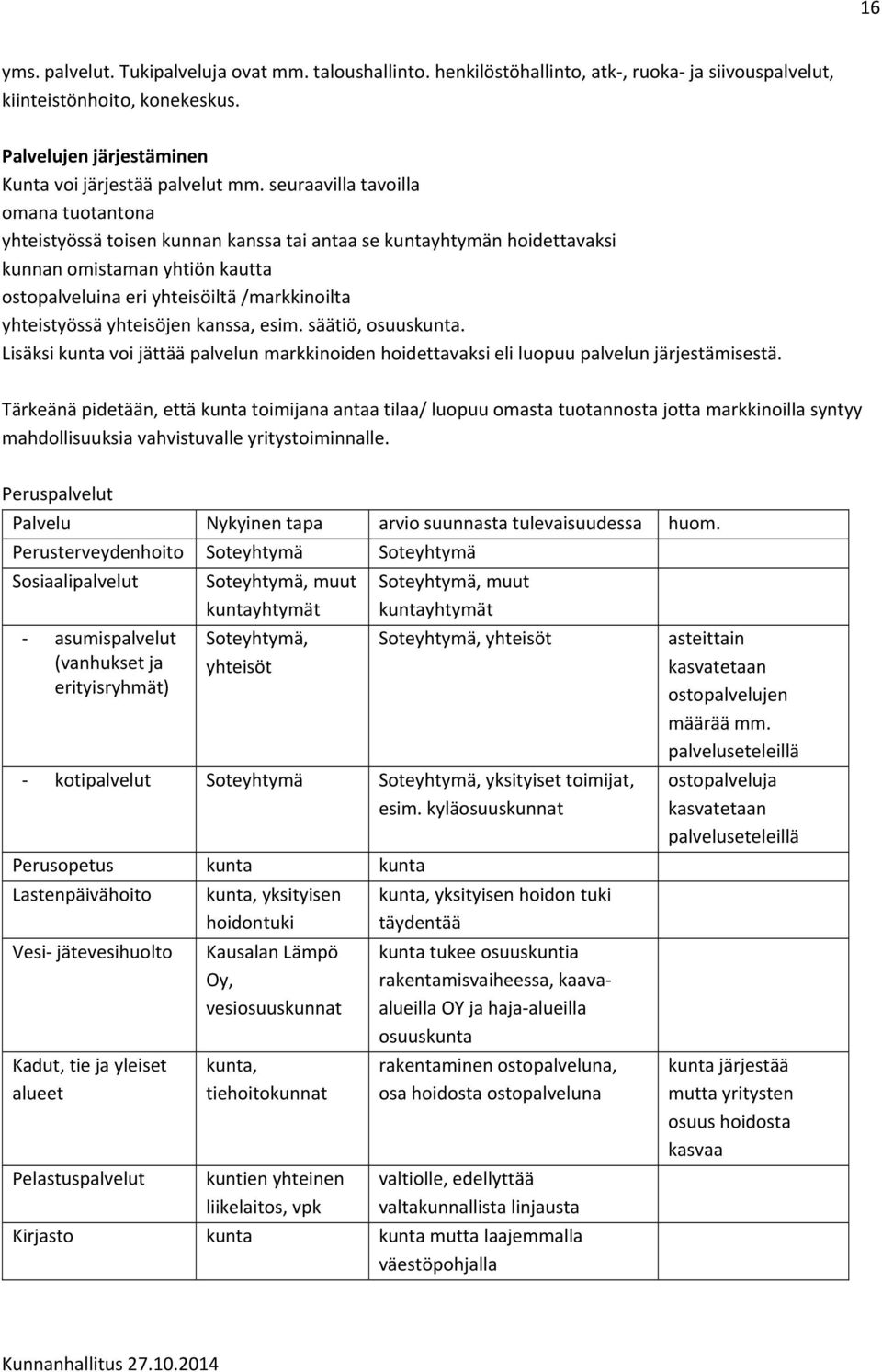 yhteistyössä yhteisöjen kanssa, esim. säätiö, osuuskunta. Lisäksi kunta voi jättää palvelun markkinoiden hoidettavaksi eli luopuu palvelun järjestämisestä.