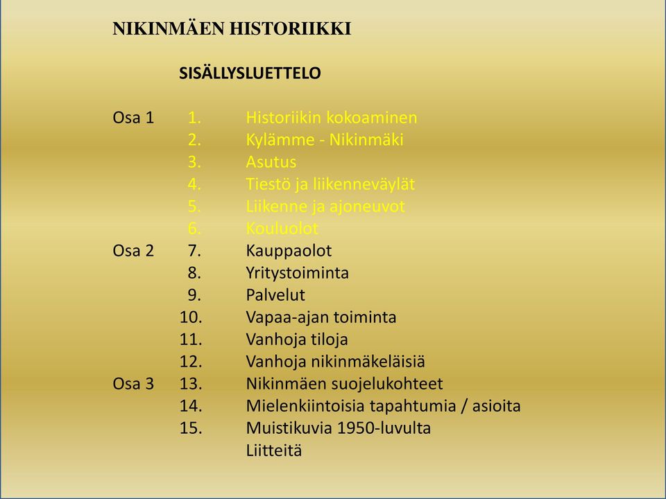 Yritystoiminta 9. Palvelut 10. Vapaa-ajan toiminta 11. Vanhoja tiloja 12.