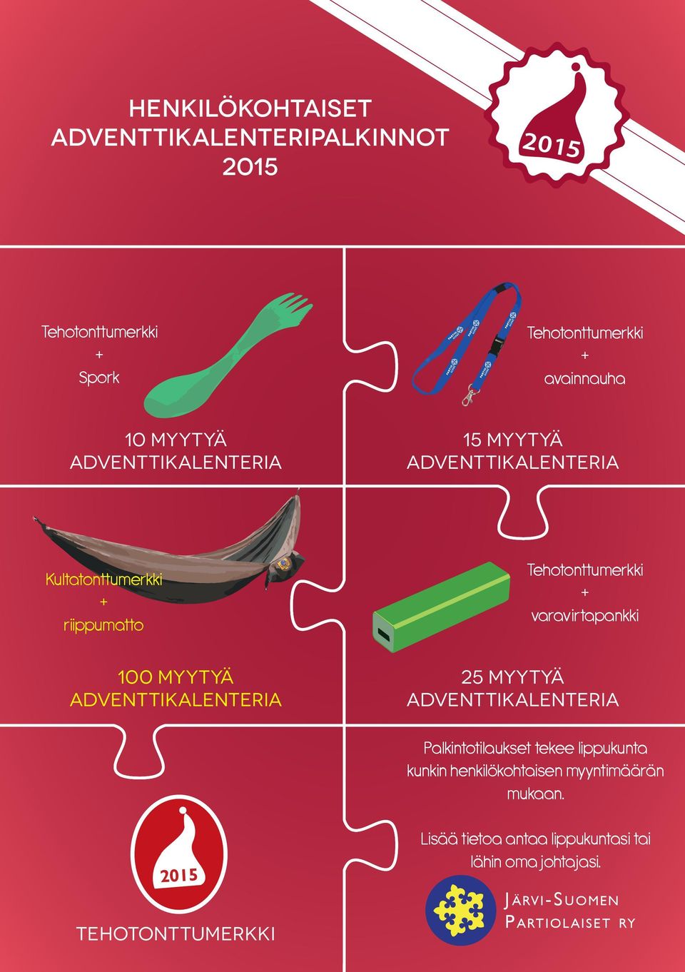 Tehotonttumerkki + varavirtapankki 25 myytyä adventtikalenteria Palkintotilaukset tekee lippukunta kunkin