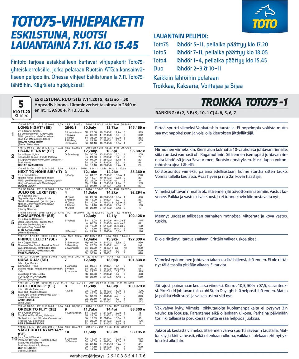 Duo lähdöt & 0 Kaikkiin lähtöihin pelataan Troikkaa, Kaksaria, Voittajaa ja Sijaa KLO.0 KL.0 ESKILSTUNA, RUOTSI la..0, Ratano = 0 Hopeadivisioona. Lämminveriset tasoitusajo 0 m en