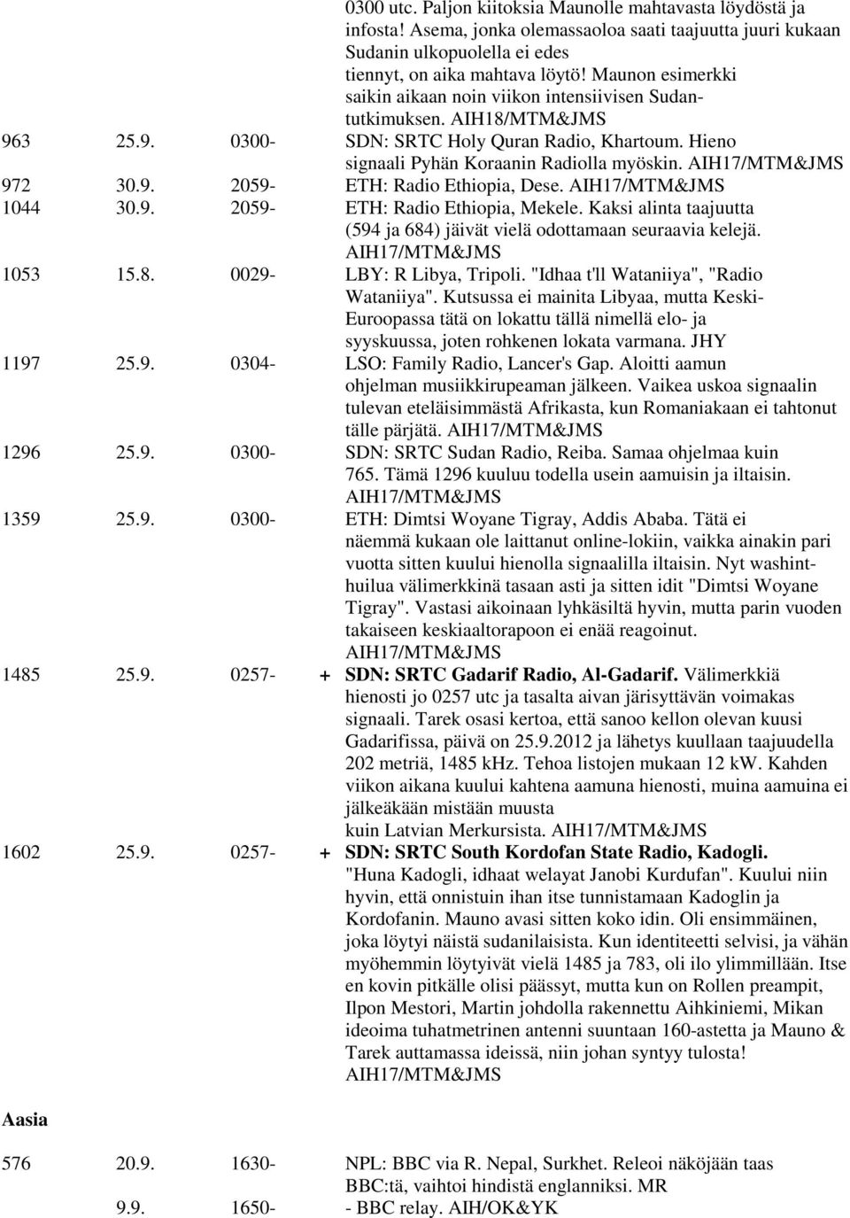 AIH17/MTM&JMS 972 30.9. 2059- ETH: Radio Ethiopia, Dese. AIH17/MTM&JMS 1044 30.9. 2059- ETH: Radio Ethiopia, Mekele. Kaksi alinta taajuutta (594 ja 684) jäivät vielä odottamaan seuraavia kelejä.