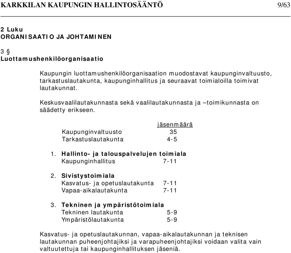 jäsenmäärä Kaupunginvaltuusto 35 Tarkastuslautakunta 4-5 1. Hallinto- ja talouspalvelujen toimiala Kaupunginhallitus 7-11 2.