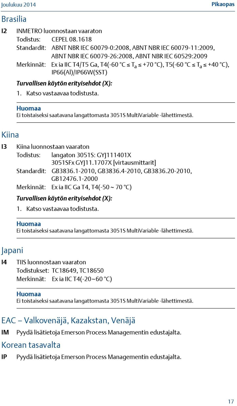 IP66(Al)/IP66W(SST) Turvallisen käytön erityisehdot (X): 1. Katso vastaavaa todistusta. Huomaa Ei toistaiseksi saatavana langattomasta 3051S MultiVariable -lähettimestä.