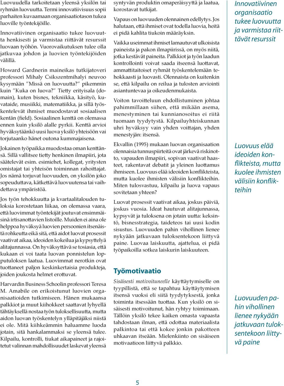 Howard Gardnerin maineikas tutkijatoveri professori Mihaly Csikszentmihalyi neuvoo kysymään Missä on luovuutta? pikemmin kuin Kuka on luova?