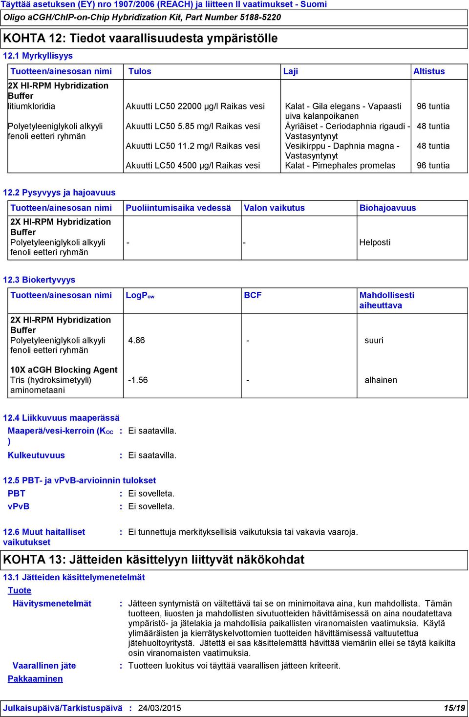 85 mg/l Raikas vesi Äyriäiset - Ceriodaphnia rigaudi - 48 tuntia fenoli eetteri ryhmän Vastasyntynyt Akuutti LC50 11.