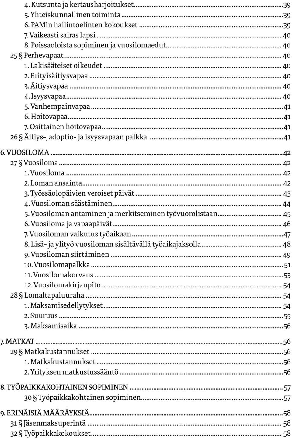 ..41 26 Äitiys-, adoptio- ja isyysvapaan palkka...41 6. VUOSILOMA...42 27 Vuosiloma... 42 1. Vuosiloma... 42 2. Loman ansainta... 42 3. Työssäolopäivien veroiset päivät... 43 4.