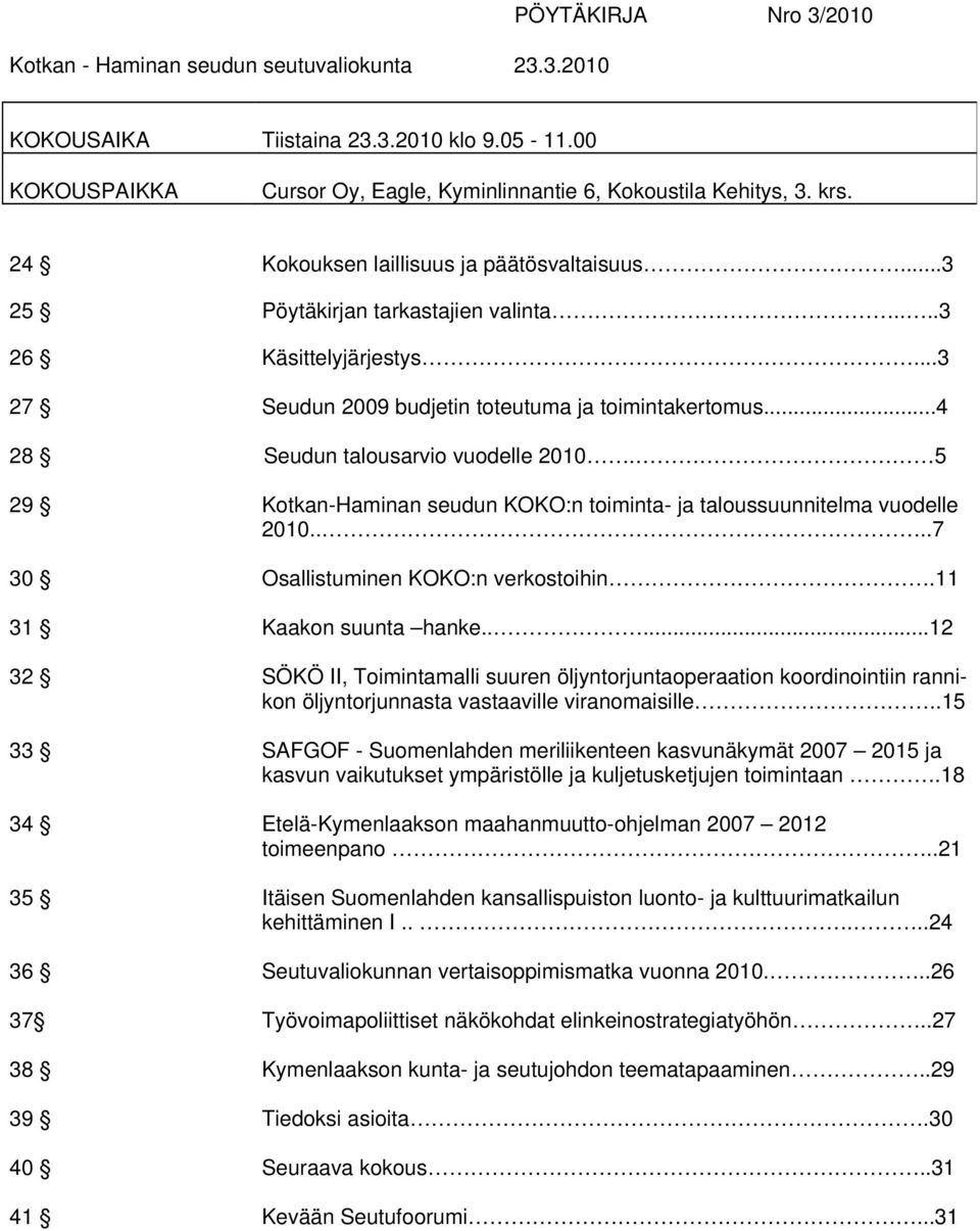 ..4 28 Seudun talousarvio vuodelle 2010. 5 29 Kotkan-Haminan seudun KOKO:n toiminta- ja taloussuunnitelma vuodelle 2010....7 30 Osallistuminen KOKO:n verkostoihin.11 31 Kaakon suunta hanke.