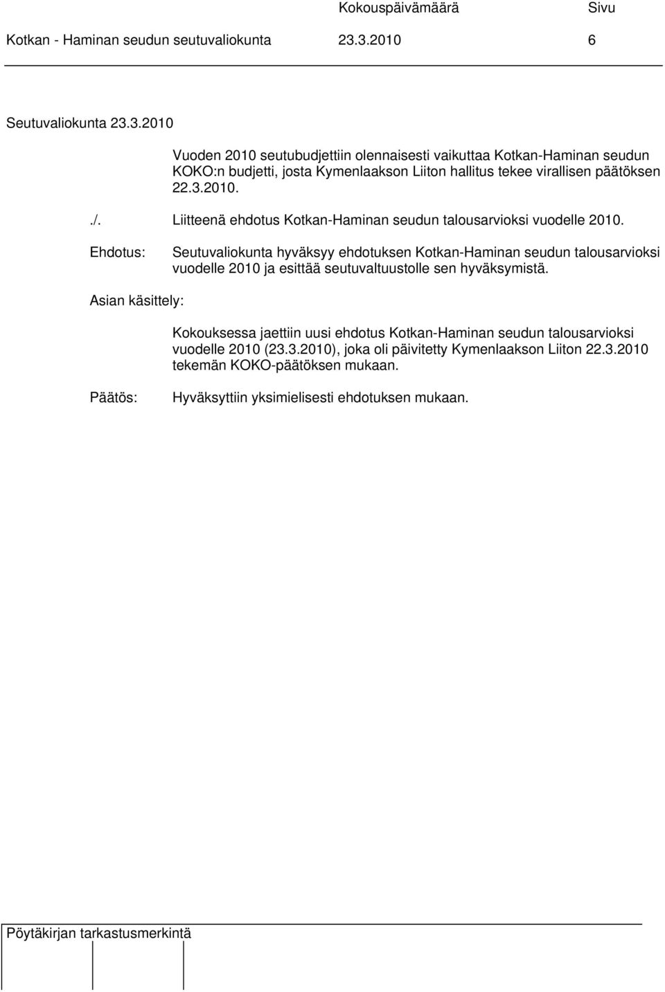 päätöksen 22.3.2010../. Liitteenä ehdotus Kotkan-Haminan seudun talousarvioksi vuodelle 2010.