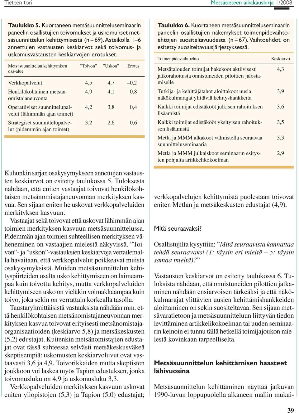 Metsäsuunnittelun kehittymisen osa-alue Toivon Uskon Erotus Verkkopalvelut 4,5 4,7 0,2 Henkilökohtainen metsänomistajaneuvonta Operatiiviset suunnittelupalvelut (lähimmän ajan toimet) Strategiset