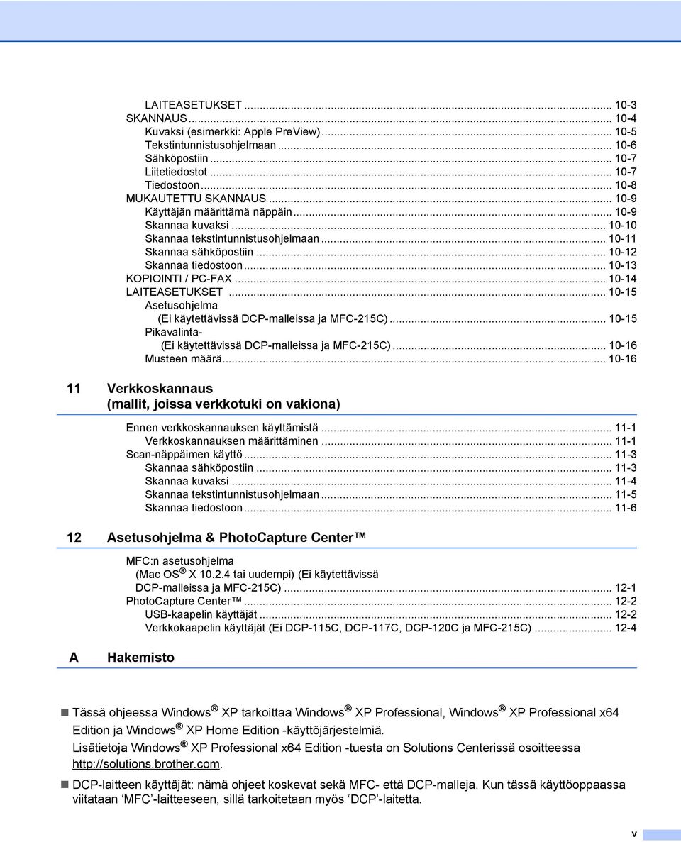 .. 10-14 LAITEASETUKSET... 10-15 Asetusohjelma (Ei käytettävissä DCP-malleissa ja MFC-215C)... 10-15 Pikavalinta- (Ei käytettävissä DCP-malleissa ja MFC-215C)... 10-16 Musteen määrä.