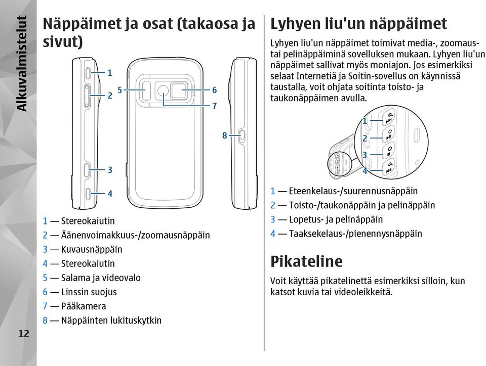 12 1 Stereokaiutin 2 Äänenvoimakkuus-/zoomausnäppäin 3 Kuvausnäppäin 4 Stereokaiutin 5 Salama ja videovalo 6 Linssin suojus 7 Pääkamera 8 Näppäinten lukituskytkin 1