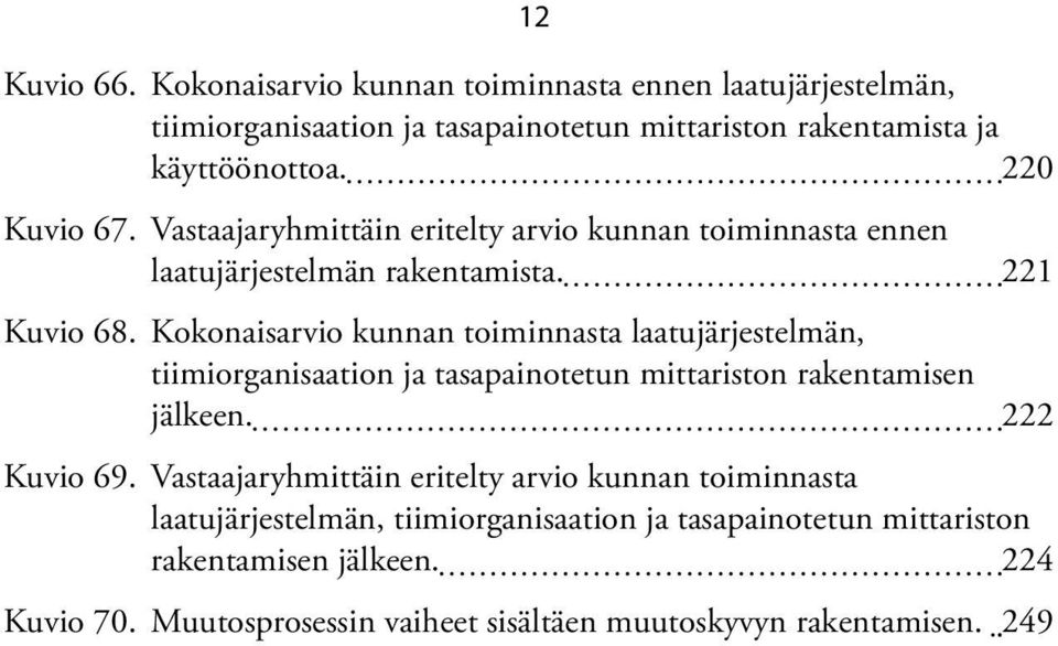 Kokonaisarvio kunnan toiminnasta laatujärjestelmän, tiimiorganisaation ja tasapainotetun mittariston rakentamisen jälkeen. 222 Kuvio 69.