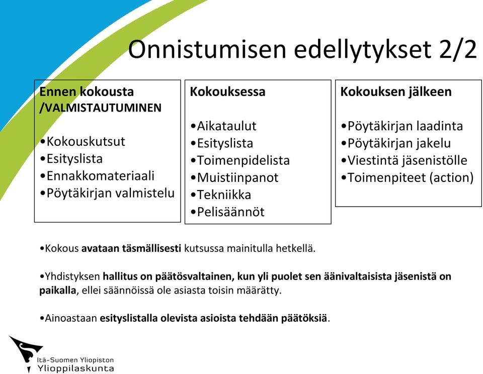 jäsenistölle Toimenpiteet (action) Kokous avataan täsmällisesti kutsussa mainitulla hetkellä.