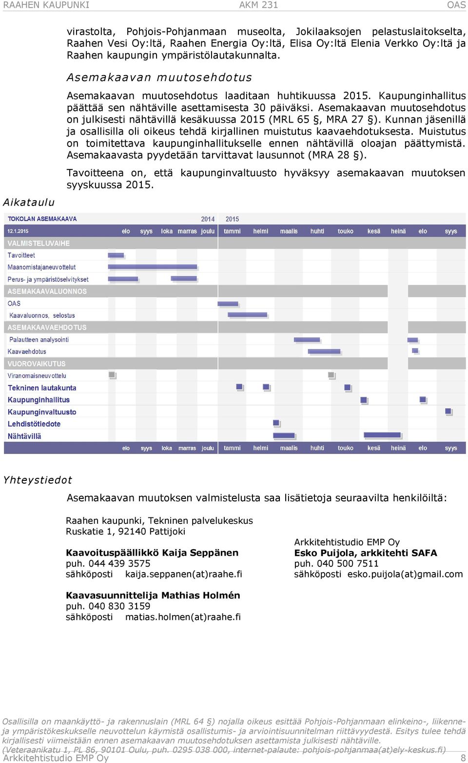 Asemakaavan muutosehdotus on julkisesti nähtävillä kesäkuussa 2015 (MRL 65, MRA 27 ). Kunnan jäsenillä ja osallisilla oli oikeus tehdä kirjallinen muistutus kaavaehdotuksesta.