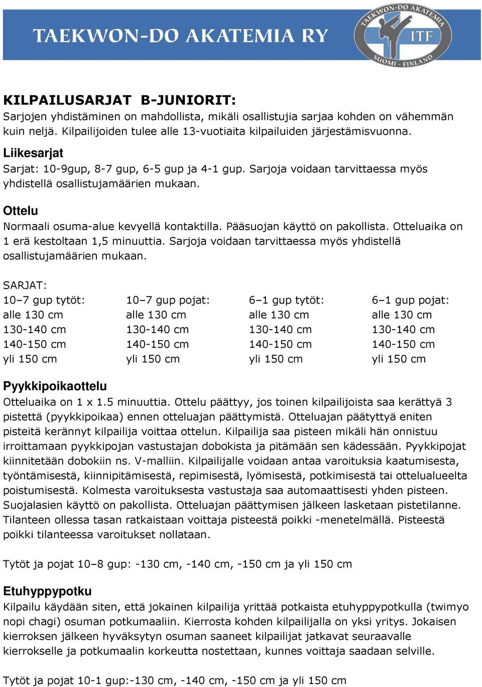 Pääsuojan käyttö on pakollista. Otteluaika on 1 erä kestoltaan 1,5 minuuttia. Sarjoja voidaan tarvittaessa myös yhdistellä osallistujamäärien mukaan.