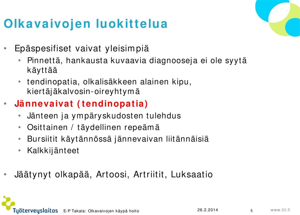 Jänteen ja ympäryskudosten tulehdus Osittainen / täydellinen repeämä Bursiitit käytännössä jännevaivan