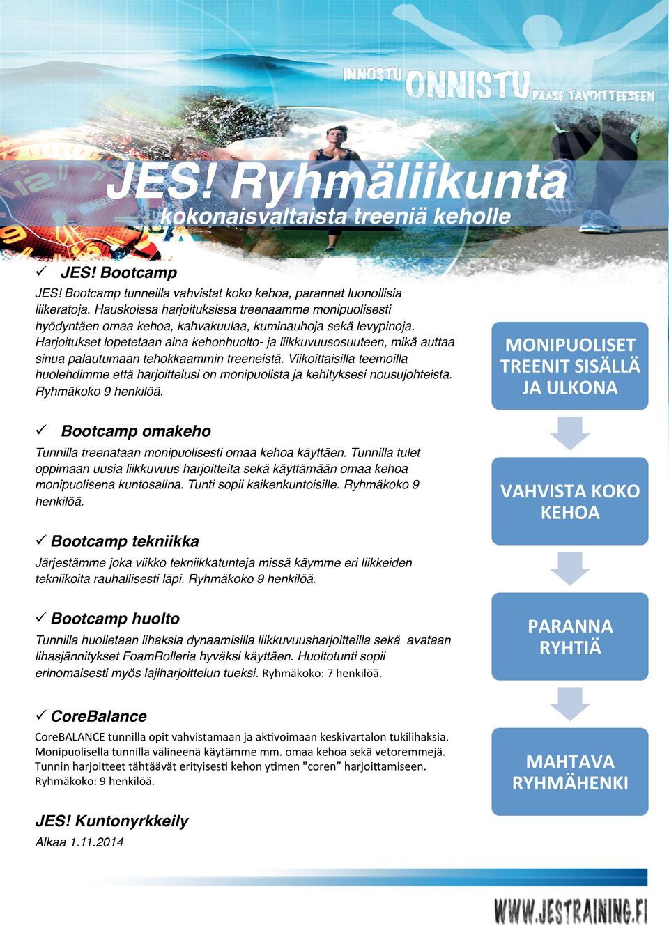 Harjoitukset lopetetaan aina kehonhuolto- ja liikkuvuusosuuteen, mikä auttaa sinua palautumaan tehokkaammin treeneistä.