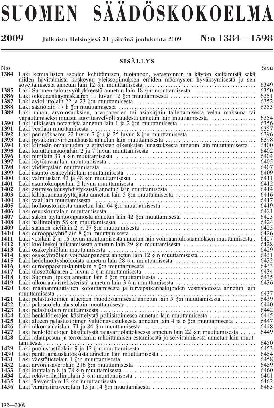 .. 6349 1385 Laki Suomen talousvyöhykkeestä annetun lain 18 :n muuttamisesta... 6350 1386 Laki oikeudenkäymiskaaren 11 luvun 12 :n muuttamisesta.