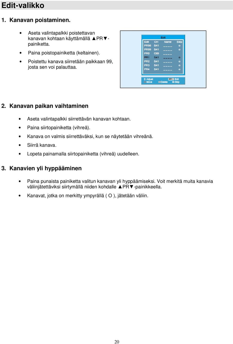 Paina siirtopainiketta (vihreä). Kanava on valmis siirrettäväksi, kun se näytetään vihreänä. Siirrä kanava. Lopeta painamalla siirtopainiketta (vihreä) uudelleen. 3.