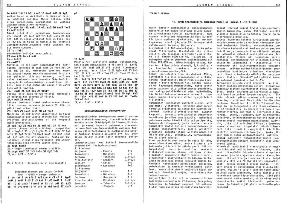 22 Dxe3 (22 Td1 De8) exf4 23 Dd3 (23 Ld4 e5 epäselvyyksin) fxe3 24 Dxe3 ReS 25 Td2 De7 26 h3 h5 ja mustalla on tiettyjä vastapelimahdollisuuksia eikä valkean etu ole kovin tuntuva. 22 Td1 Te8!